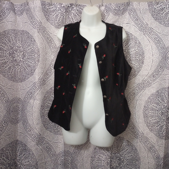 Vintage Stonebridge Goth Cotton Black Rose Velvet Vest Size 10 - Picture 9 of 9